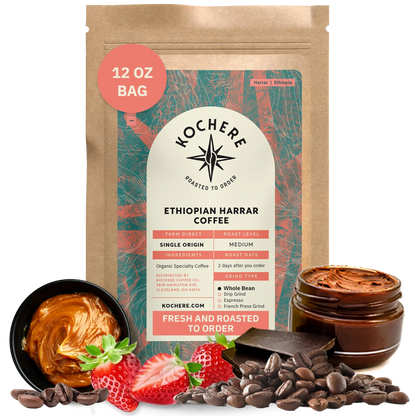 Kochere Coffee Ethiopian Harrar Coffee – Single Origin Natural Medium Roast - Fruity, Berry, Dark Chocolate Notes