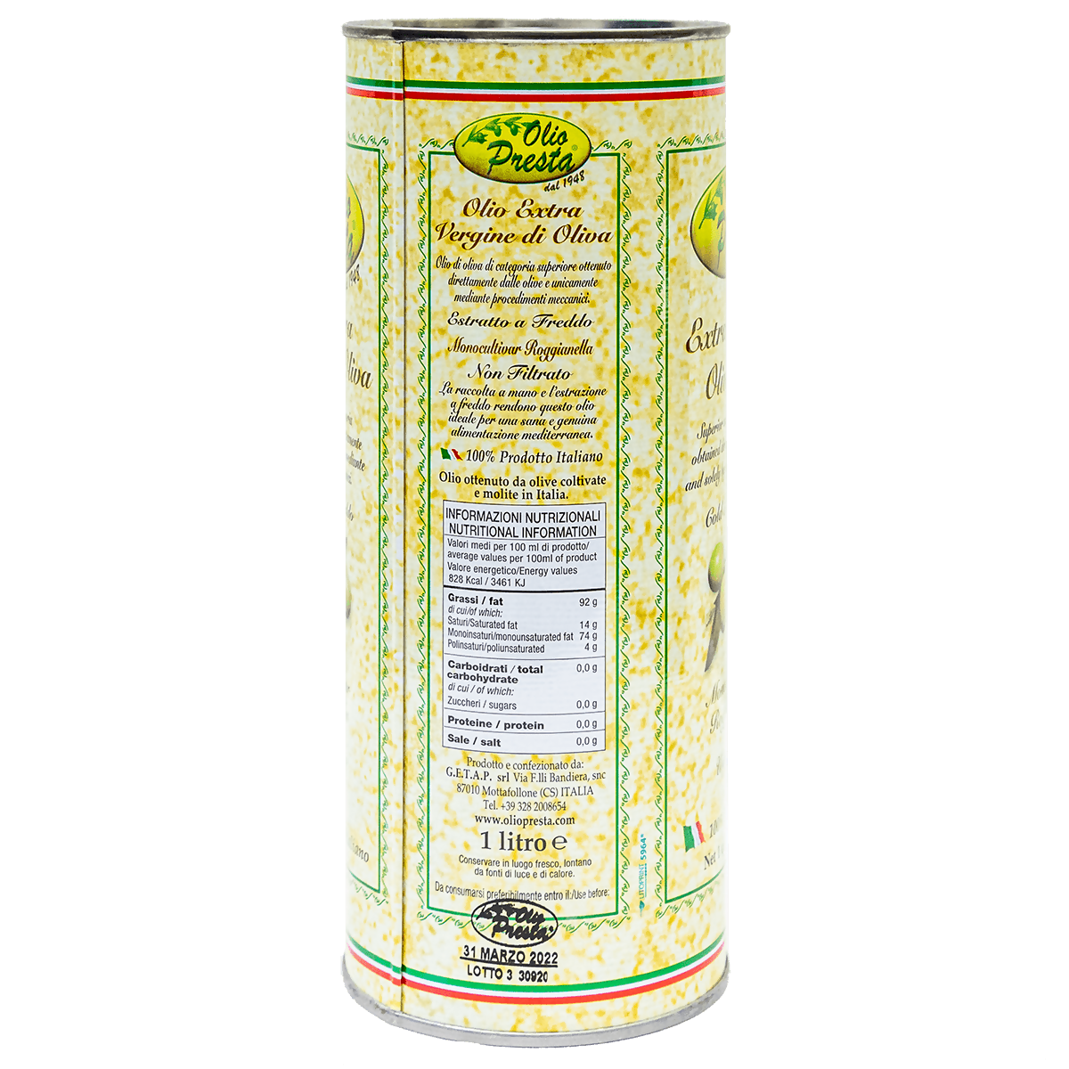 Olio Presta Olive Oil, Organic, Extra Virgin Olive Oil Tin - 12 tins x 1L case