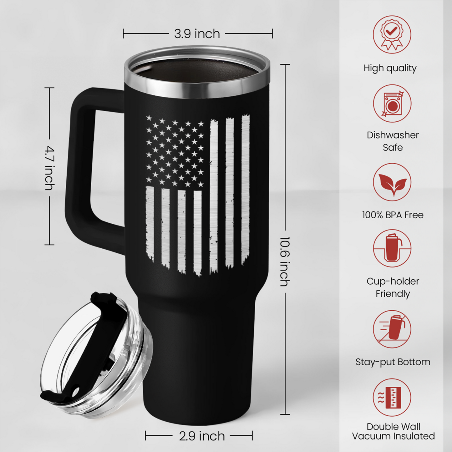 American Flag Tumbler with Handle, America 40oz Stainless Steel Insulated Coffee Mug with Lid & Straw, America Gifts for Men Women, USA Tumblers Cup Gift for Christmas