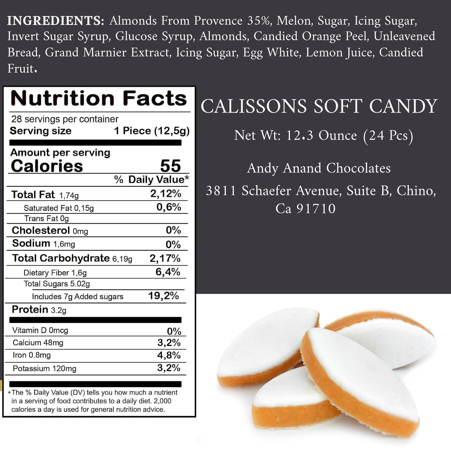 Andy Anand Calissons de Provence, 28 pc, 12.3 oz – Imported Soft Almond Paste with Candied Fruit, French Confection, Birthday & Holiday Gift