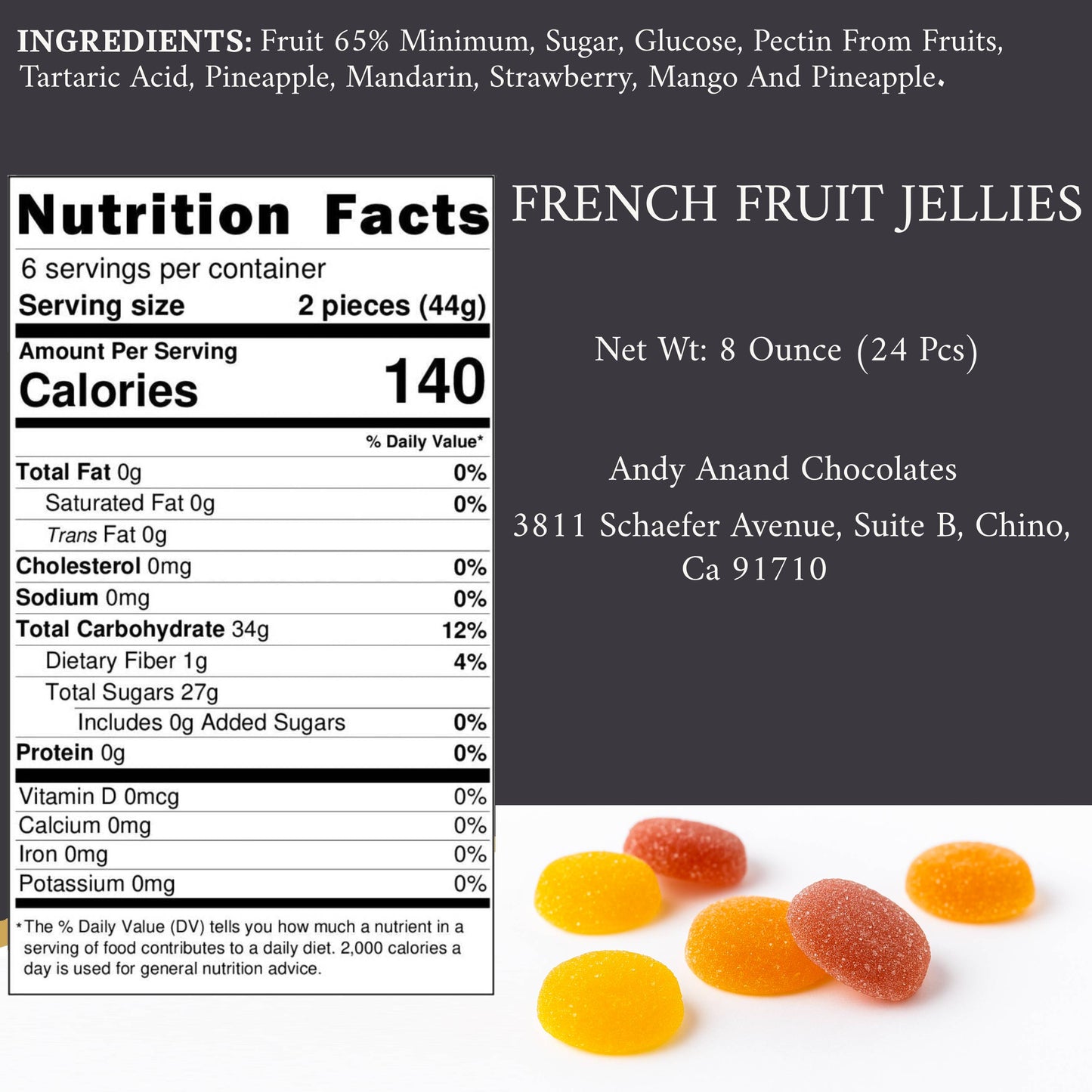 Andy Anand French Pates de Fruits Fruit Jellies, 65% Fruit, 24 pc – Imported French Confection, Natural Fruit Flavors, Gourmet Birthday & Holiday Gift