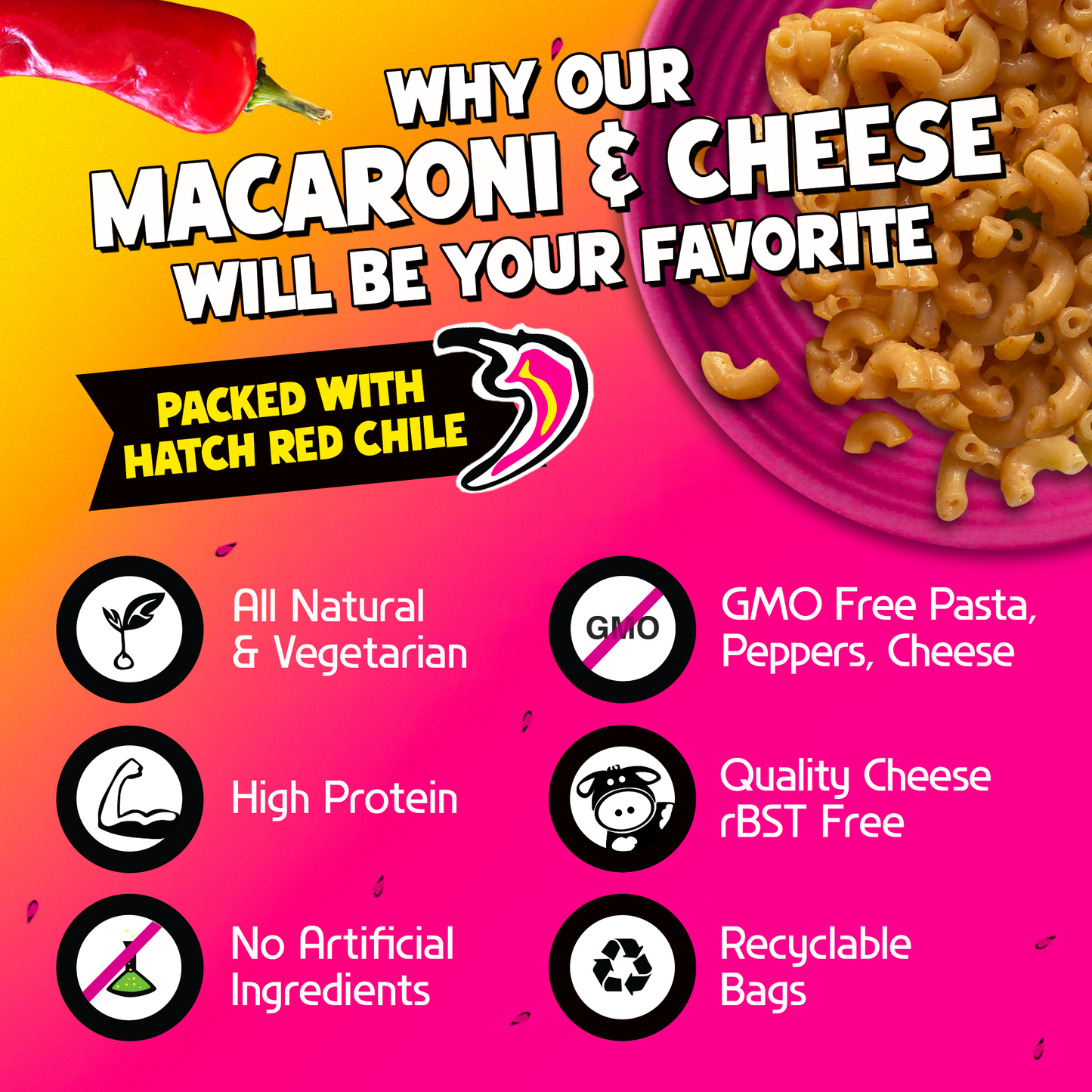 Hatch Red Chile, Garlic, Cheddar Mac and Cheese