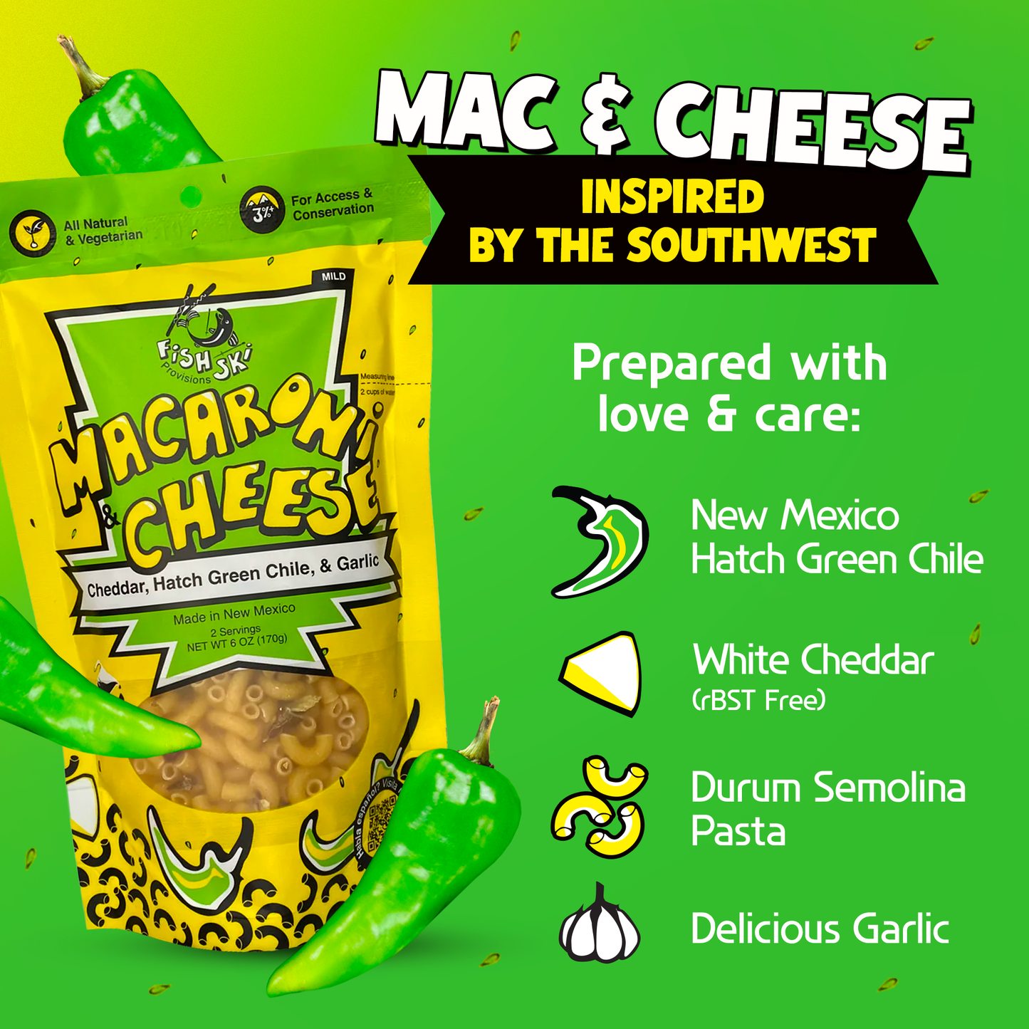 Hatch Green Chile, Garlic, Cheddar Mac and Cheese