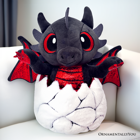 Drogo the Dino in an Egg Plushie, 12" Black and Red Dinosaur Stuffed Animal Gift for Boys and Teens