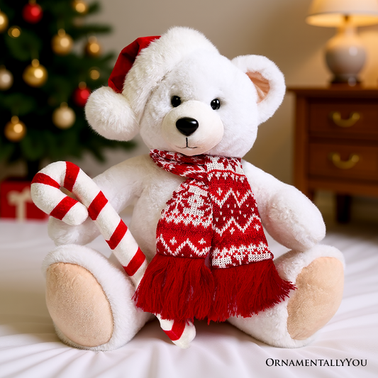 Snowy the Polar Bear Plushie, Cute Kids’ 12" Christmas Stuffed Toy, Santa Hat and Candy Cane