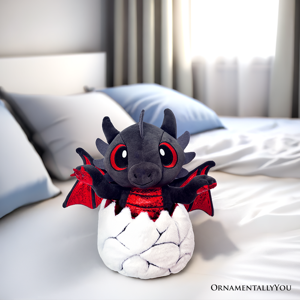 Drogo the Dino in an Egg Plushie, 12" Black and Red Dinosaur Stuffed Animal Gift for Boys and Teens