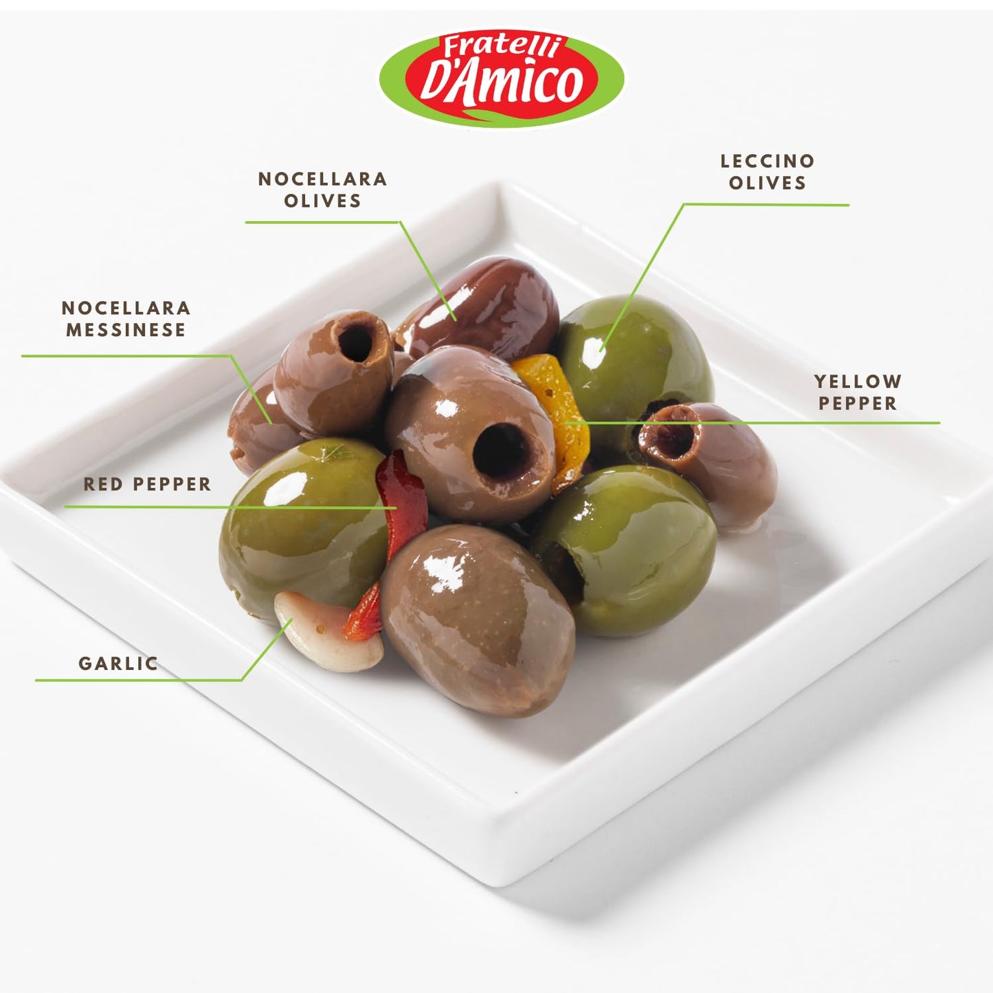Early Black Friday! Fratelli D'Amico, Italian Olives Mix Pitted with garlic and red and yellow peppers, 9.9 oz  (280g)