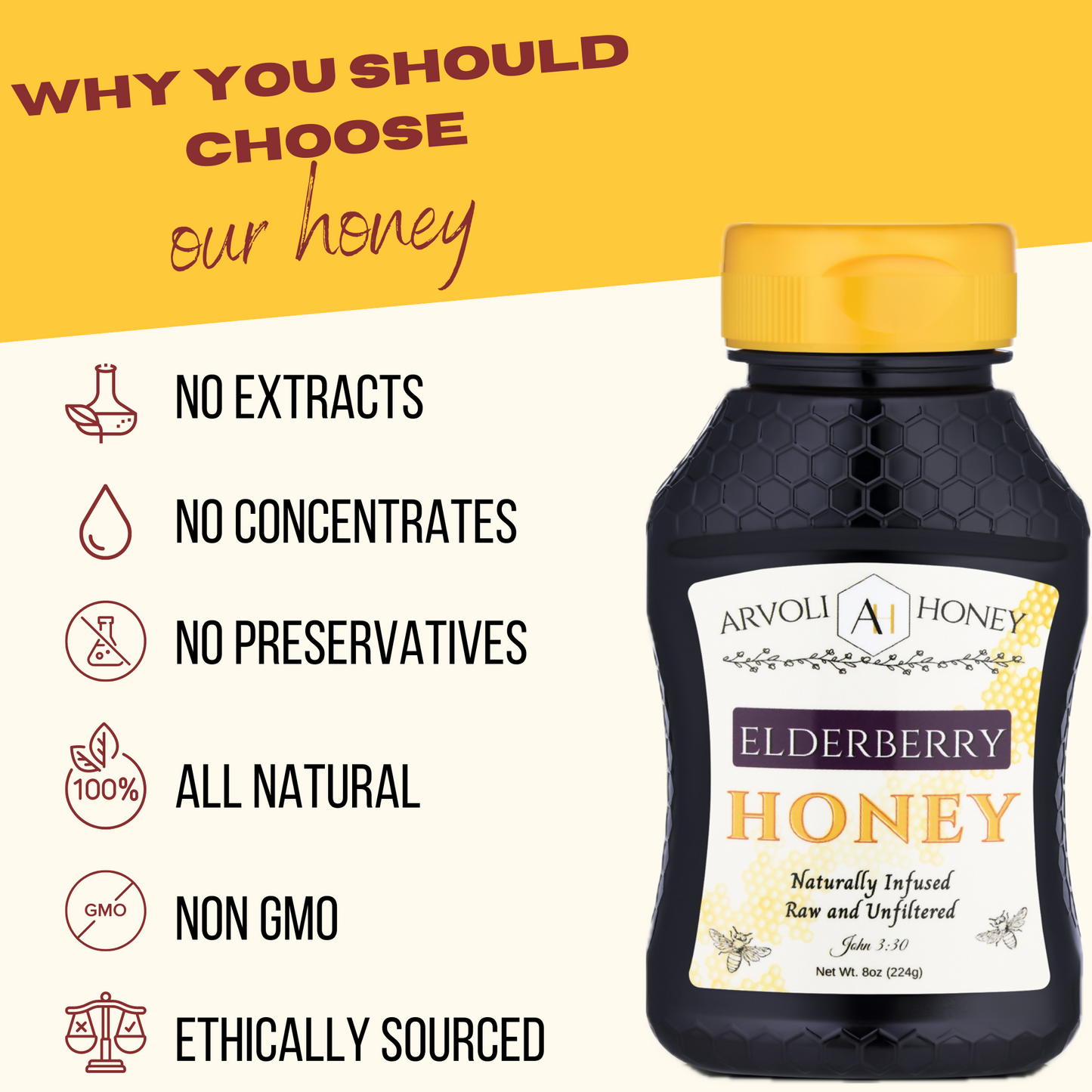 Arvoli Honey Elderberry Infused Honey Bottles - 12 bottles x 8 oz