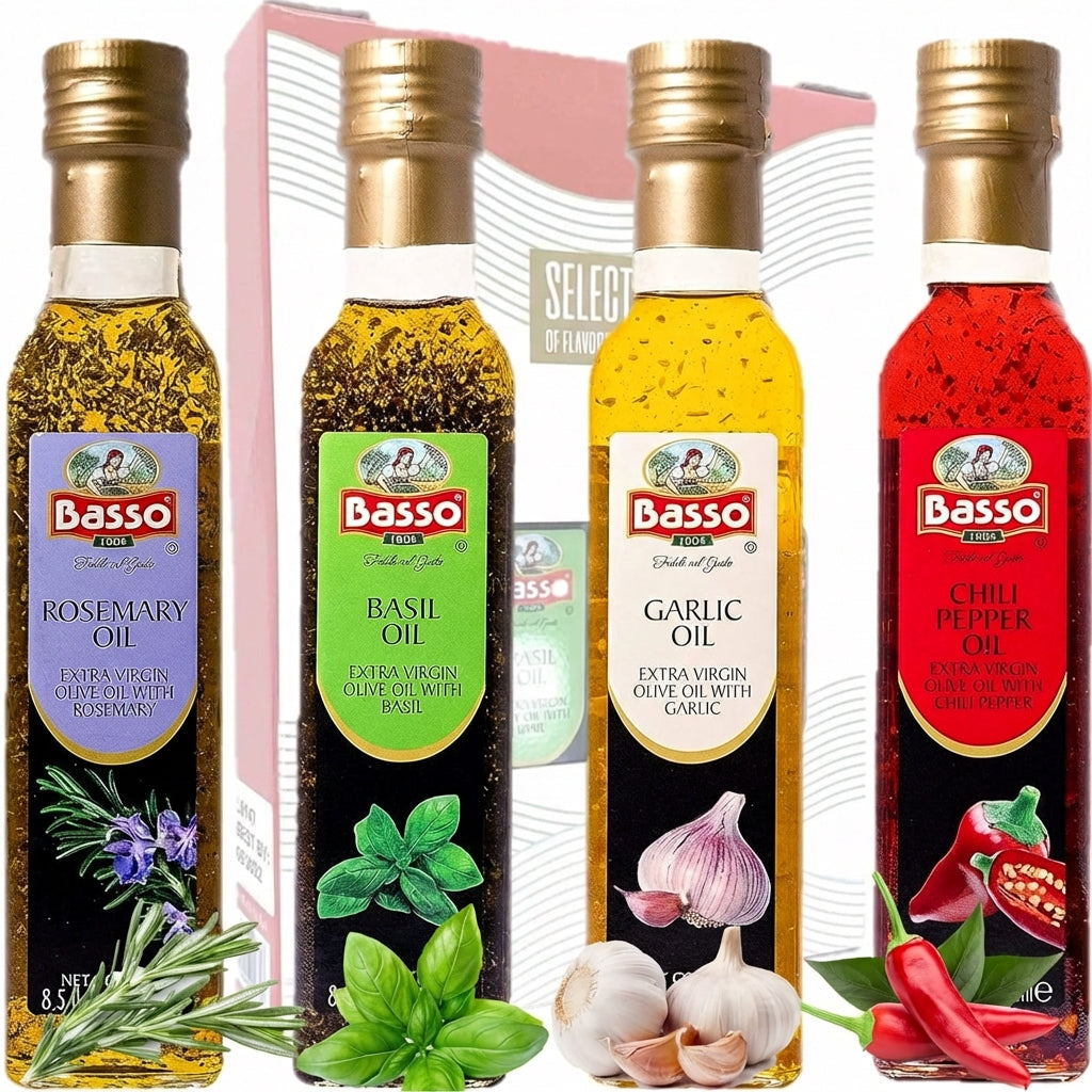 Basso 1904 Infused Extra Virgin Olive Oil Gift Set – Garlic, Chili Pepper, Rosemary, Basil – 4 x 8.5 fl oz (250 ml)