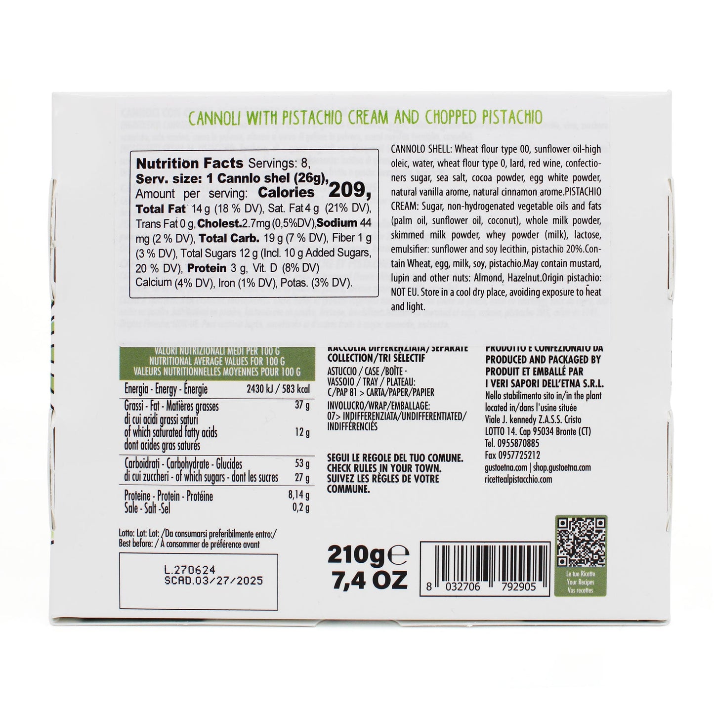 SALE! Gusto Etna, Sicilian 8 pcs Cannoli filled with Pistachio Cream Gift Box Exp. Date: March 2026