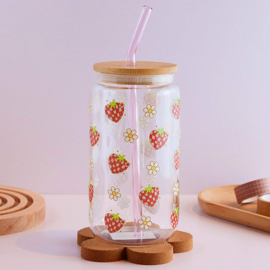 Groovy Strawberries and Daisies 16 oz Glass Cup Set