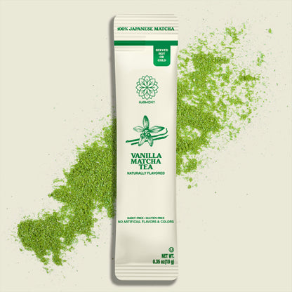 Harmony Matcha Vanilla – Premium Shade-Grown Japanese Matcha, Sweetened with Organic Sugar (10 Stick Packs)