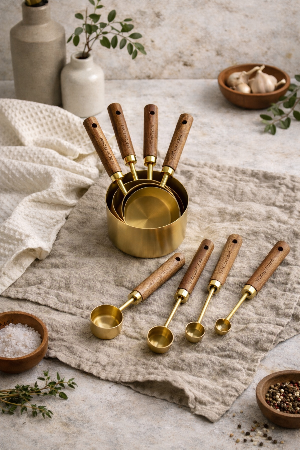 Montecito Acacia Wood & Gold Measuring Cups & Spoons Set