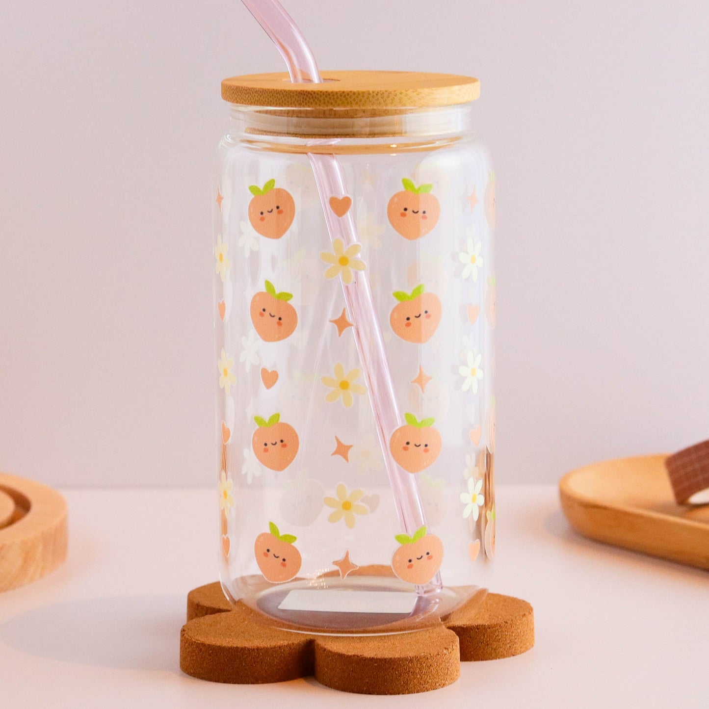 Peaches and Daisies 16 oz Glass Cup Set