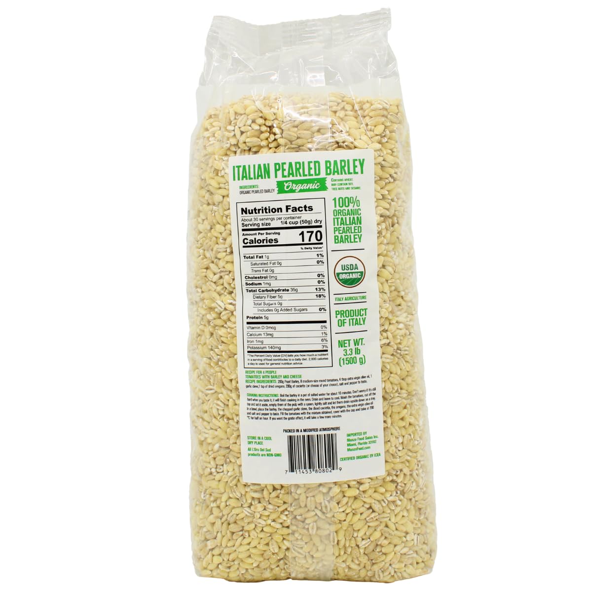 L'Oro Del Sud, Organic Pearled Barley, (1.5 kg) 3.3 lb