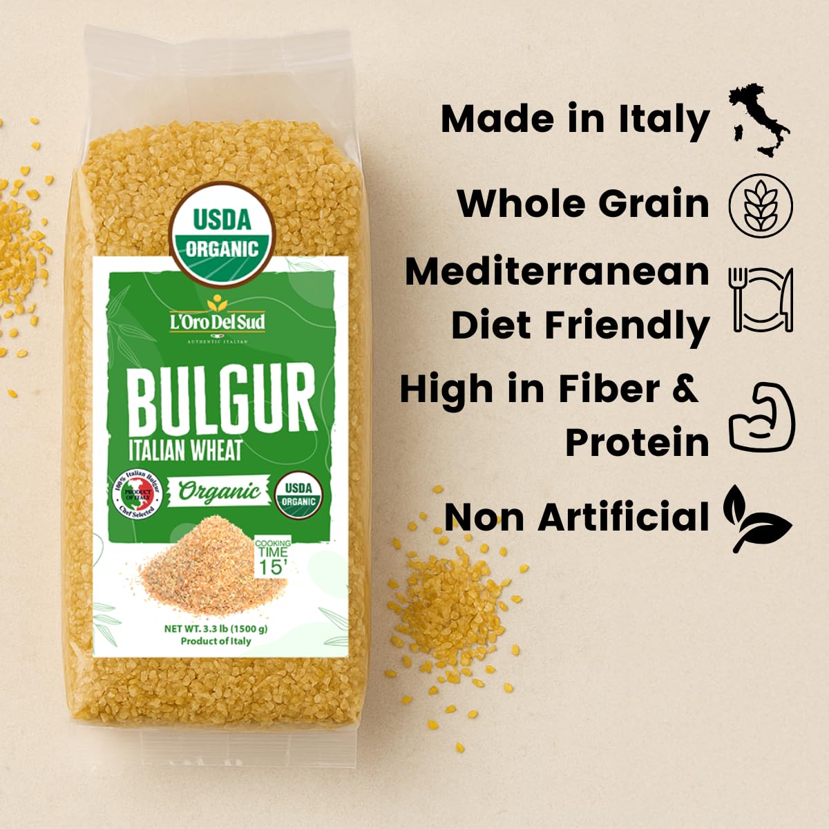 L’Oro Del Sud, Organic Bulgur Wheat, USDA Certified, 3.3 lb (1.5 kg)