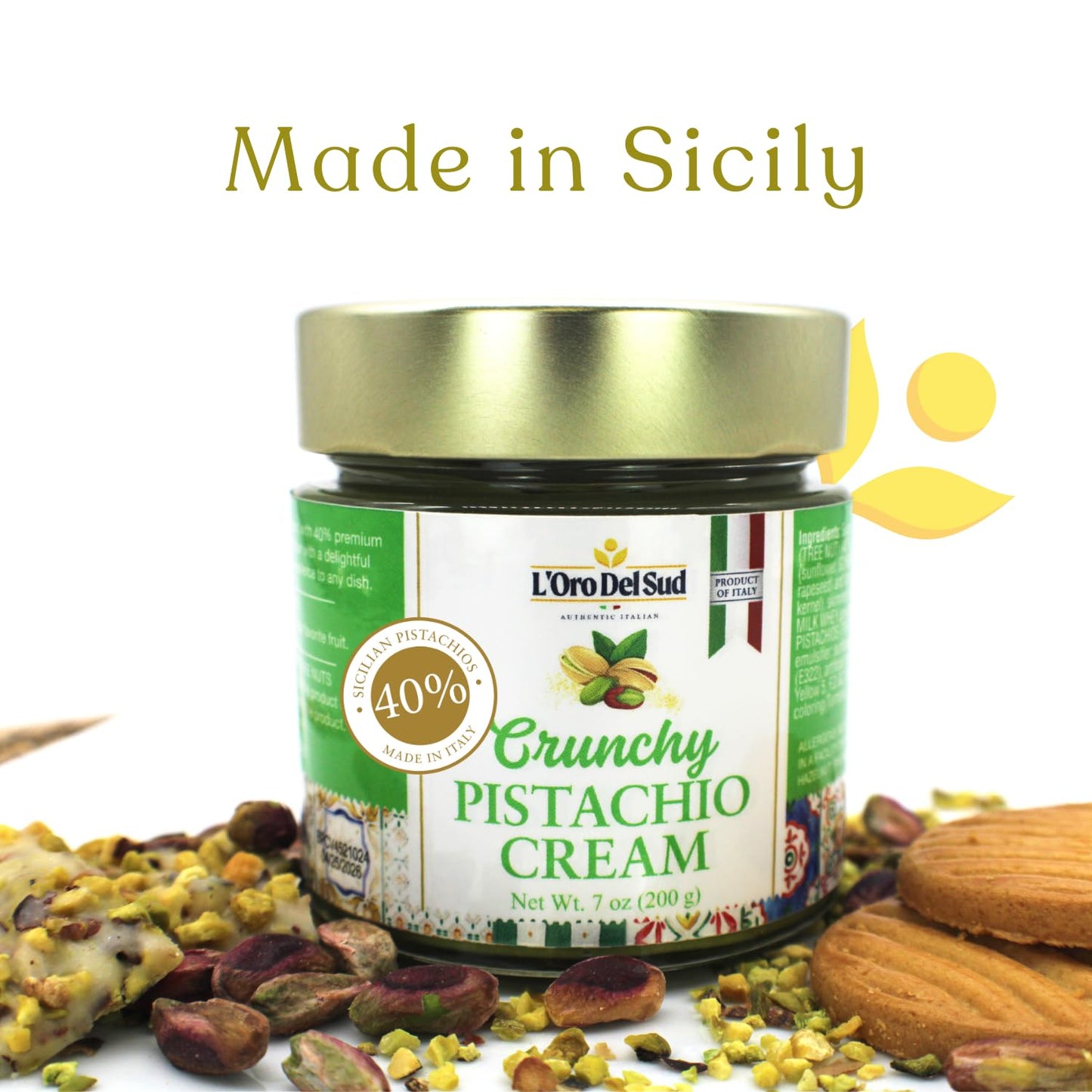 LOro Del Sud, Crunchy Pistachio Cream Premium 40% Pistachios, 7oz (200g)