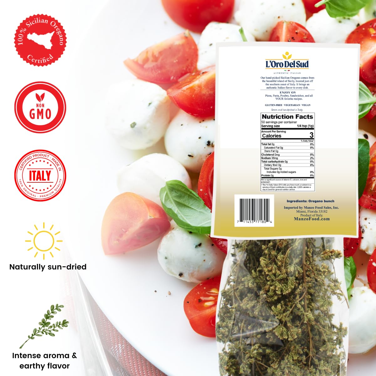 L'Oro Del Sud, Oregano, Dried Sicilian Oregano on the Stem, 1.4 oz (40 g)