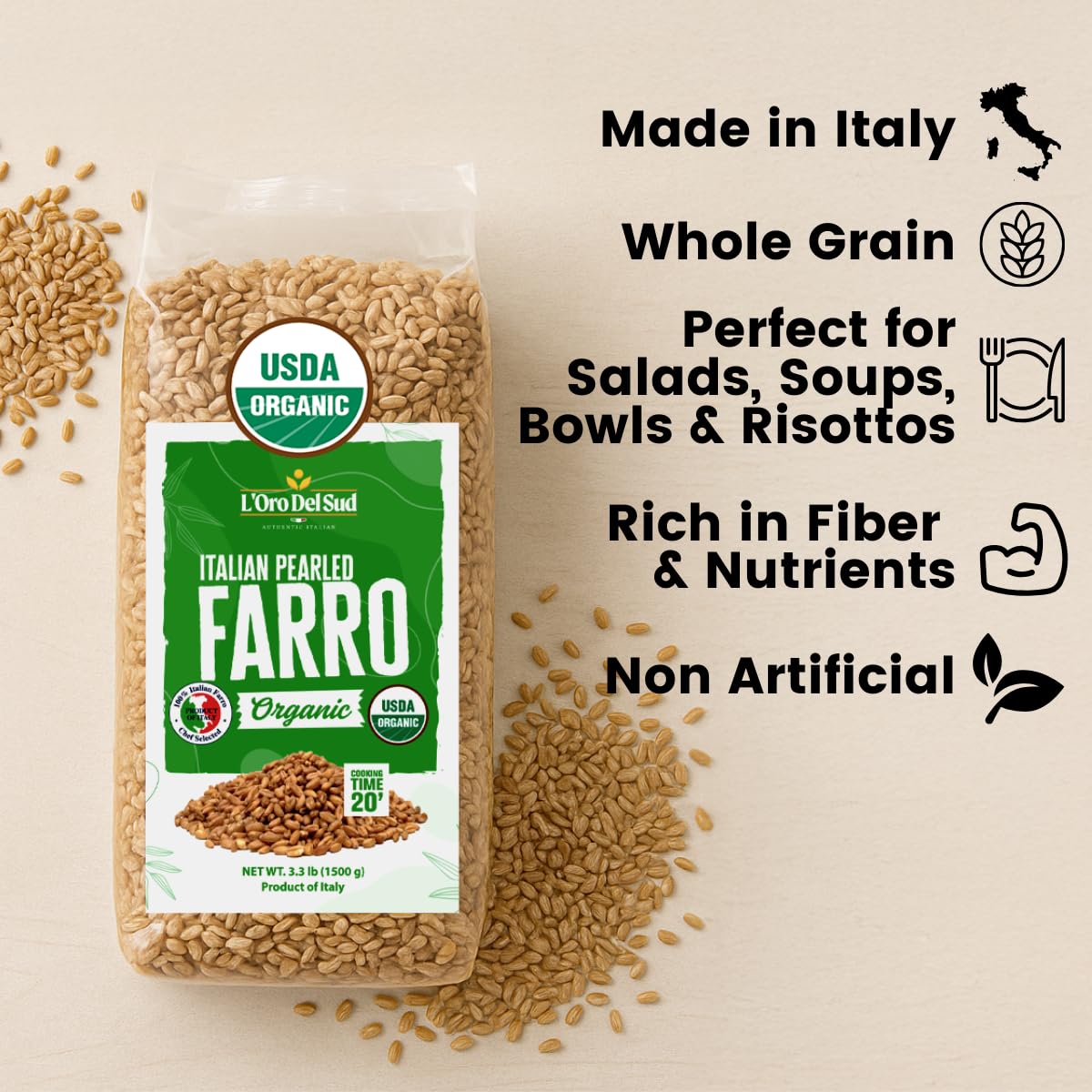 L’Oro Del Sud, Organic Italian Pearled Farro, 3.2 lb (1.5 kg)