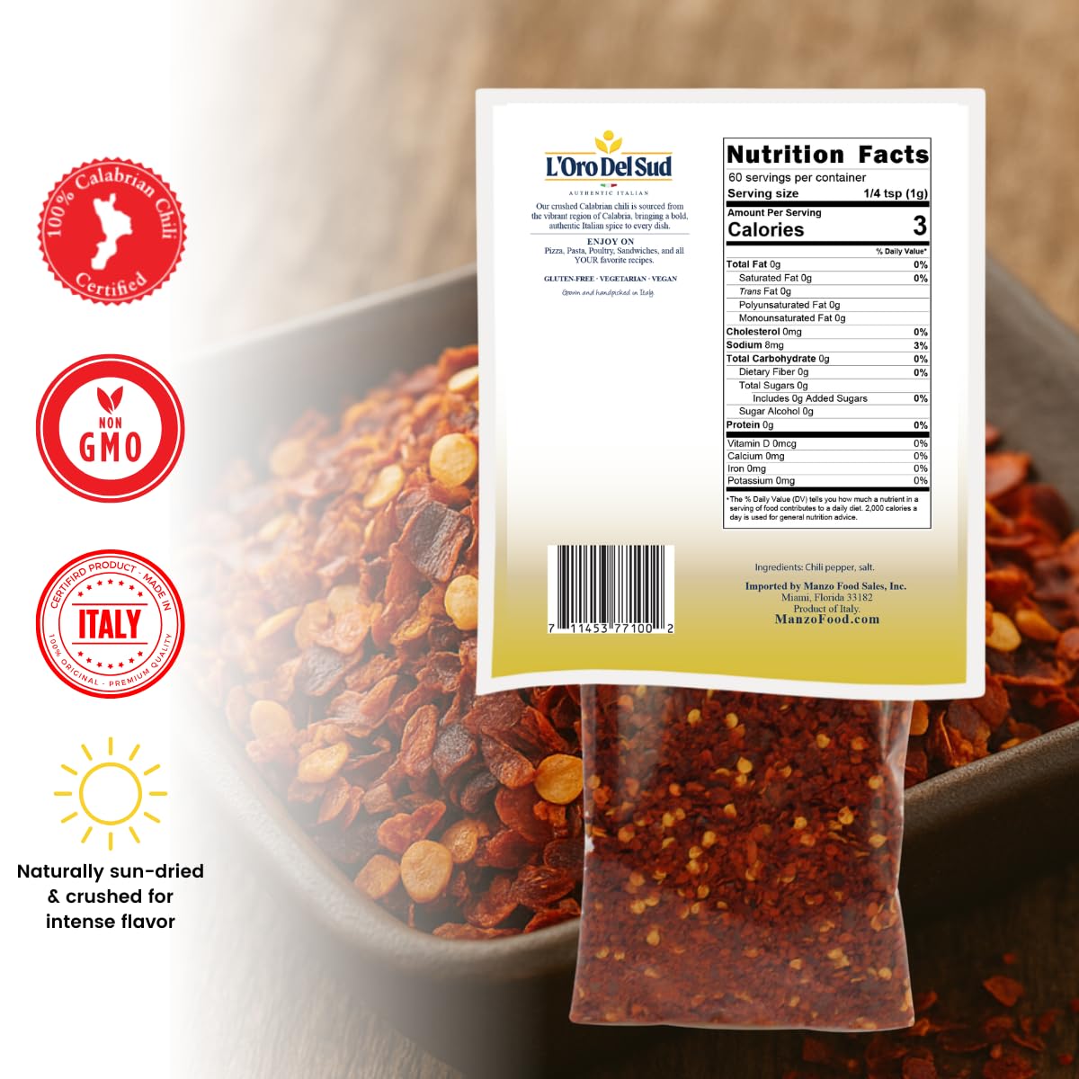 L'Oro Del Sud, Dried Calabrian Chili Flakes, 2.11 oz (60 g)