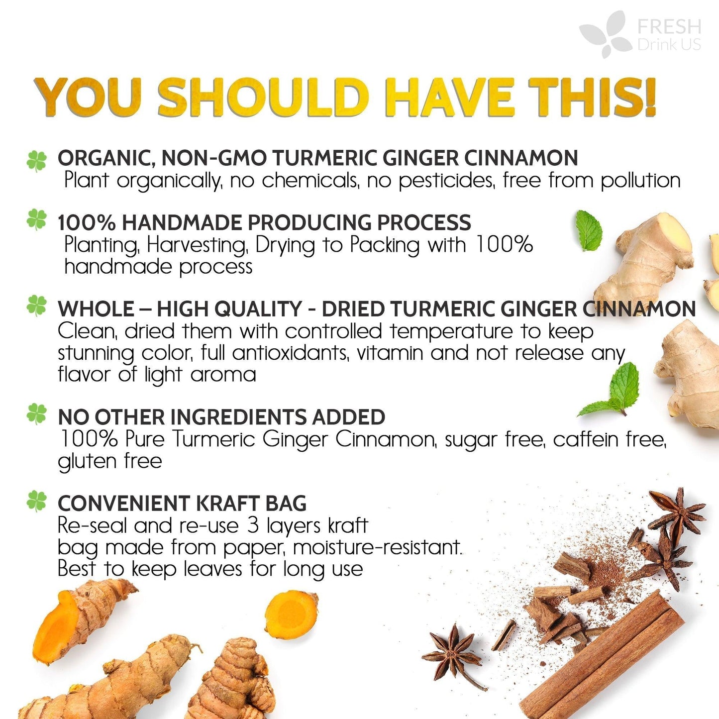Turmeric Ginger, Cinnamon Tea, Tea Bags, 100% Natural, Hand-made, No Sugar, No Caffeine, No Gluten, Vegan