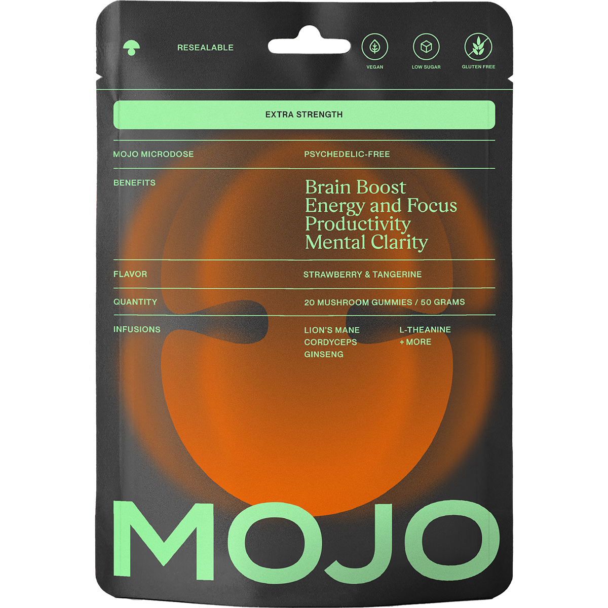 Mojo | Mushroom Dosed Gummies Extra Strength Brain Boost Gummies - Strawberry Tangerine