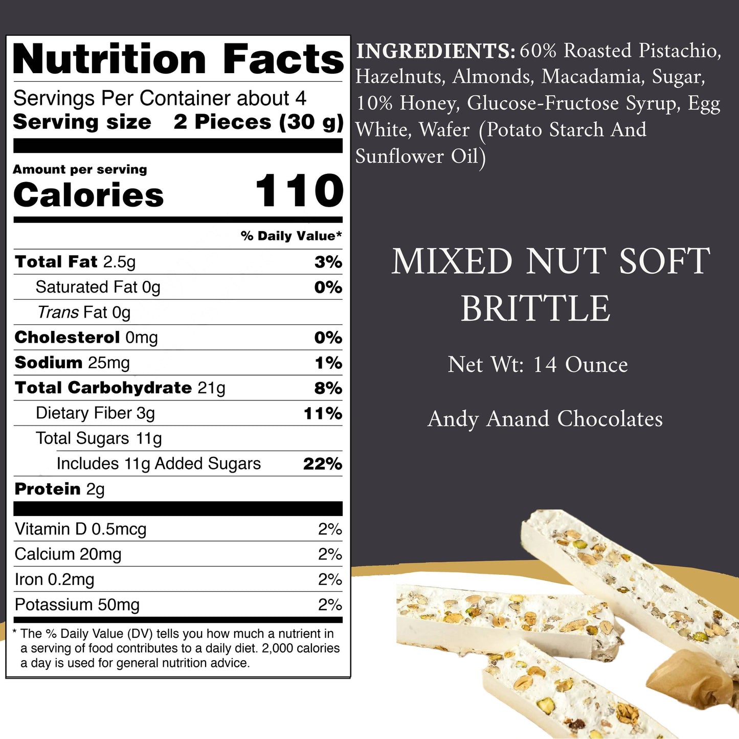 Andy Anand Mixed Nut Nougat - Soft Brittle Turron Nougat Made With Wildflower Honey - Spanish Torrone Candy - A Delicious and Healthy Treat, Amazing-Delicious-Decadent – 7 Oz