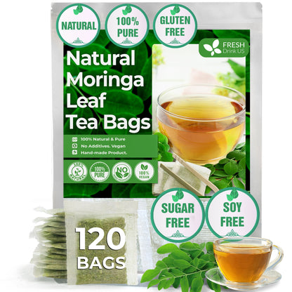 Moringa Leaf Tea Bags, 100% Natural & Pure from Moringa Leaves. Loose Leaf Moringa Herbal Tea. Moringa Leaf Tea. No Sugar, No Caffeine, No Gluten, Vegan