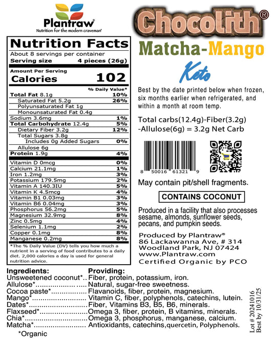 Chocolith® - Mango-Matcha-Keto (7.2oz) - Vegan, Organic, Gluten-Free, 0g Refined Carbs. 3.2g Net Carbs.