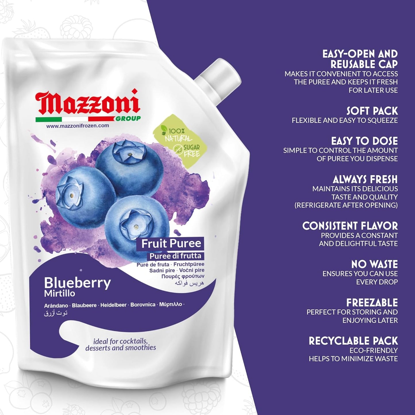 Mazzoni, Blueberry Puree, 100% Pure Blueberries, Just Fruit, No Sugar Added pouch 2.2 lb