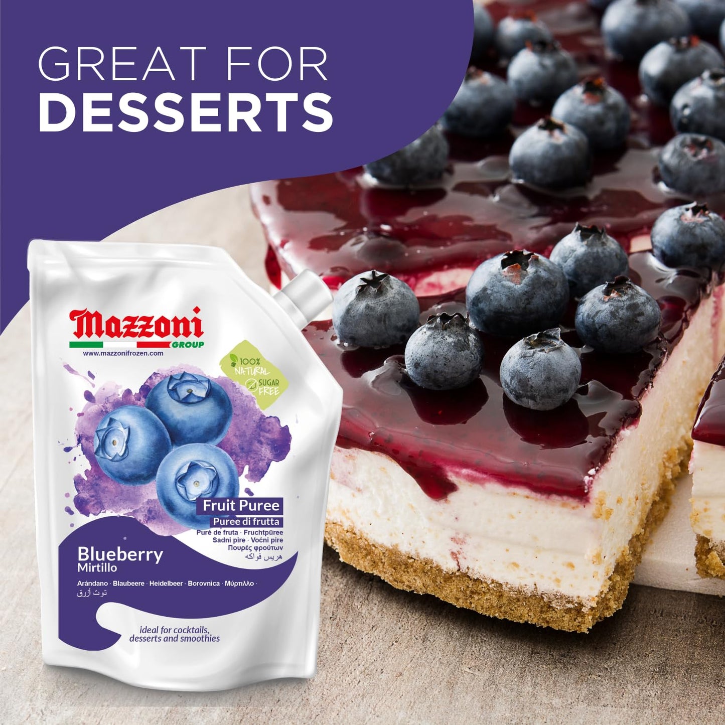 Mazzoni, Blueberry Puree, 100% Pure Blueberries, Just Fruit, No Sugar Added pouch 2.2 lb