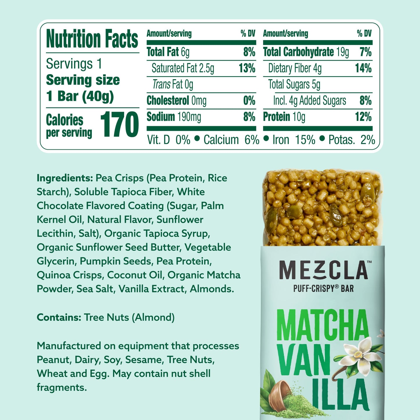 Mezcla Matcha Vanilla Bars - 12 bars x 1.4 oz case