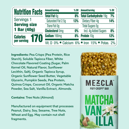 Mezcla Matcha Vanilla Bars - 12 bars x 1.4 oz case