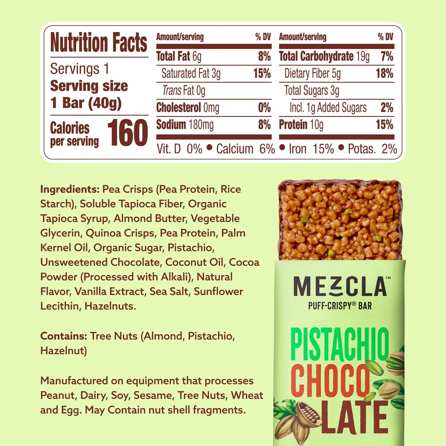 Mezcla Pistachio Chocolate Bars - 12 bars x 1.4 oz case