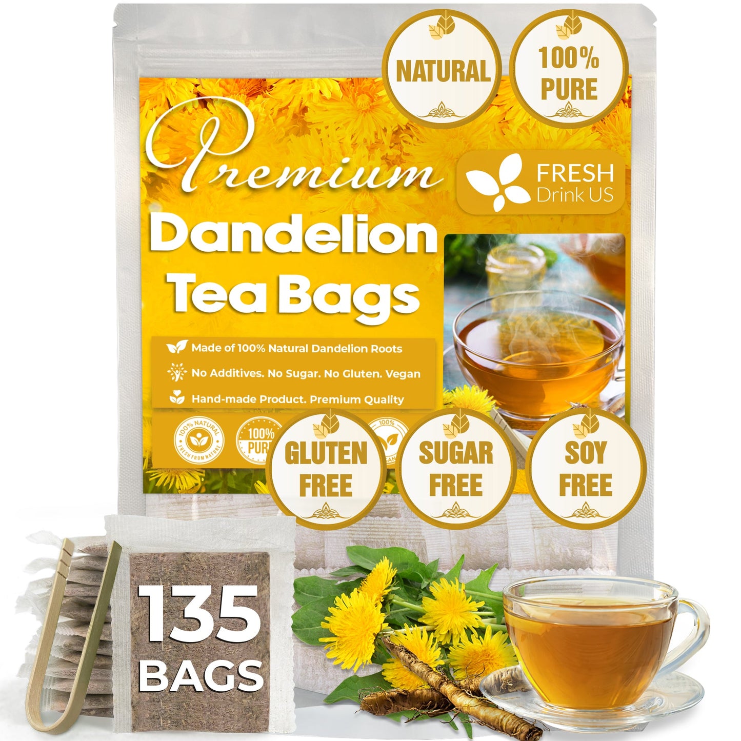 Dandelion Root Tea Bags, 100% Natural & Pure from Dandelion Root, Eco-Conscious Tea Bags, Dandelion Root Herbal Tea. Dandelion Root Tea. No Sugar, No Caffeine, No Gluten, Vegan.