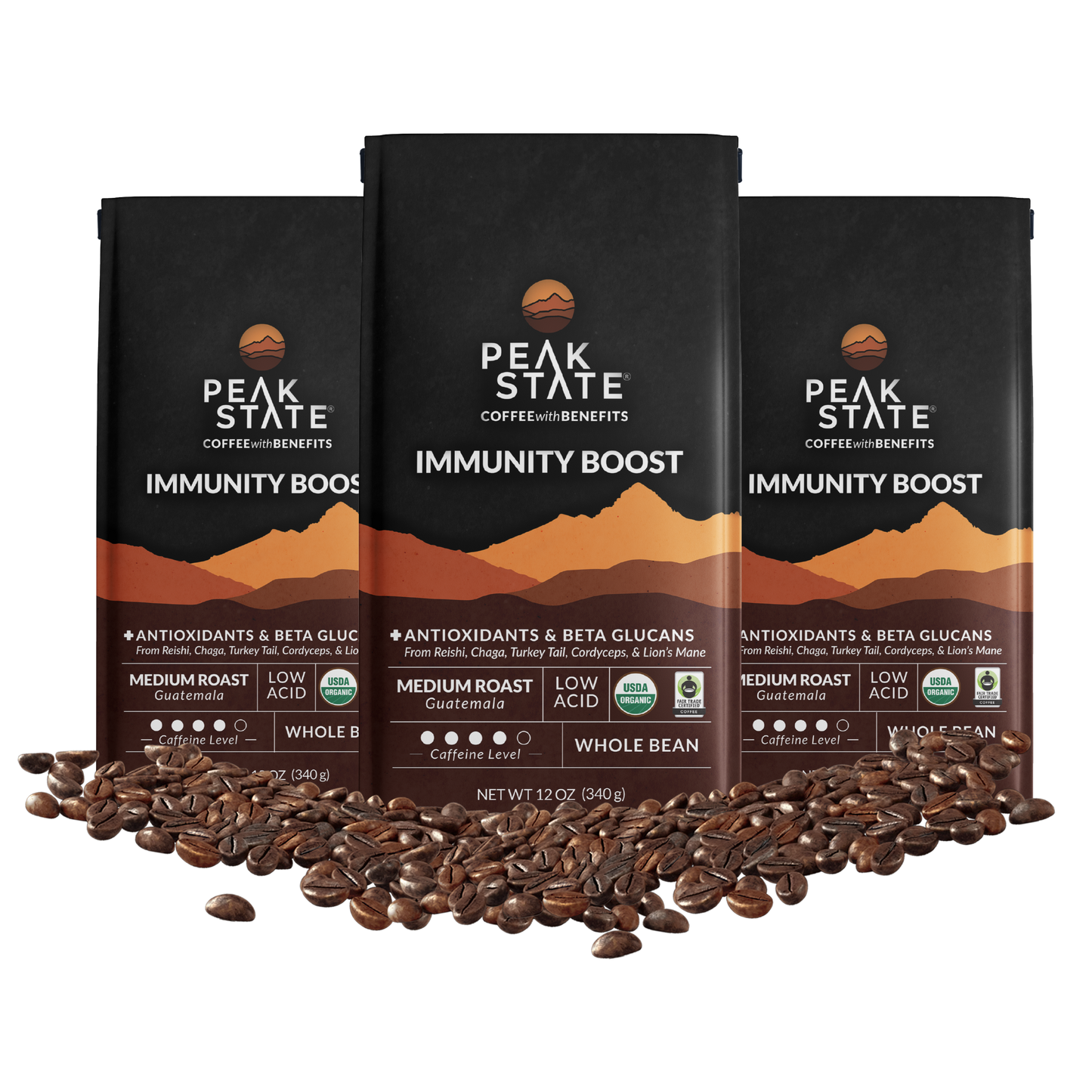 Peak State Coffee IMMUNITY BOOST Medium Roast - Three Pack (3 x 12 oz Bags)