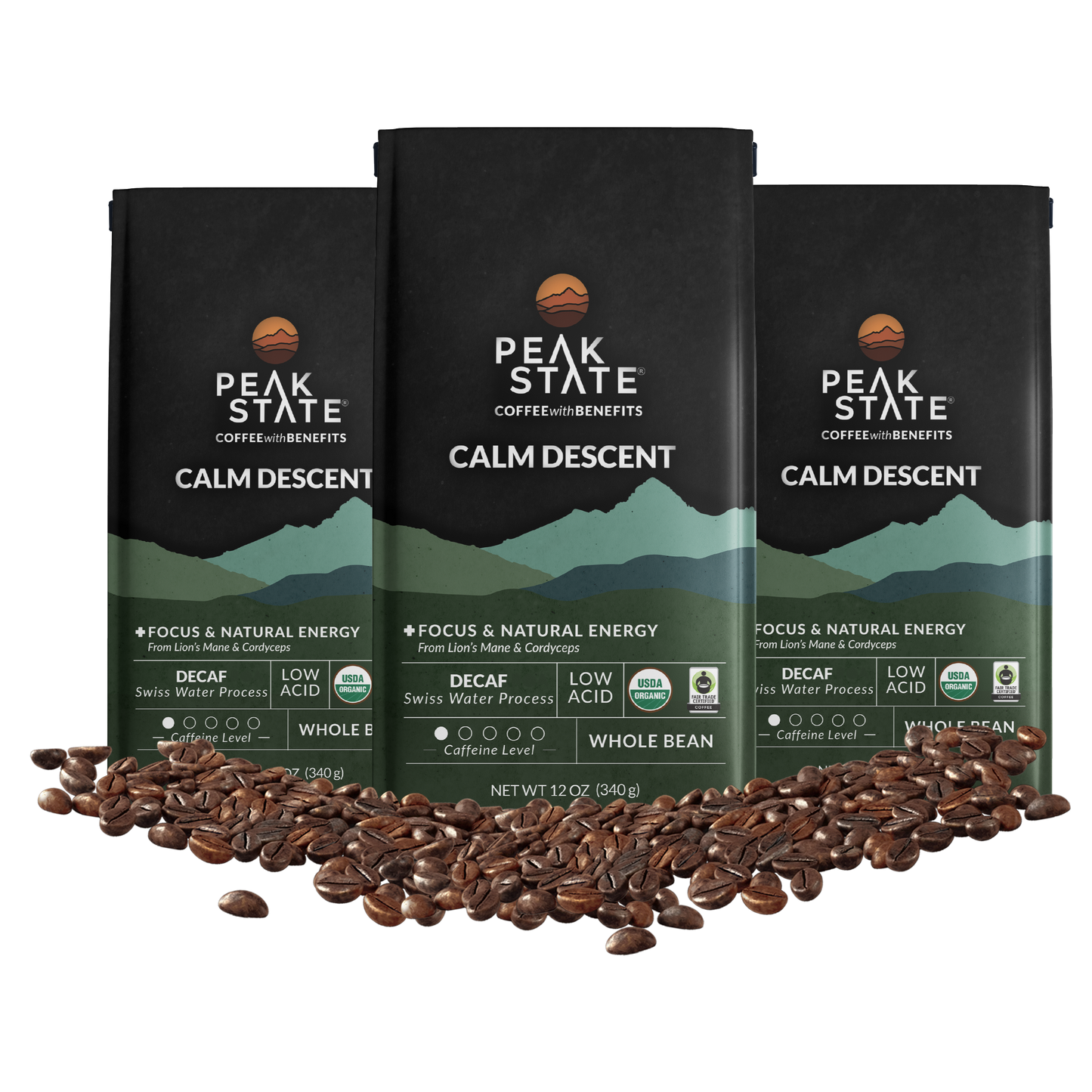 Peak State Coffee CALM DESCENT Swiss Water Process Decaf - Three Pack (3 x 12 oz Bags)