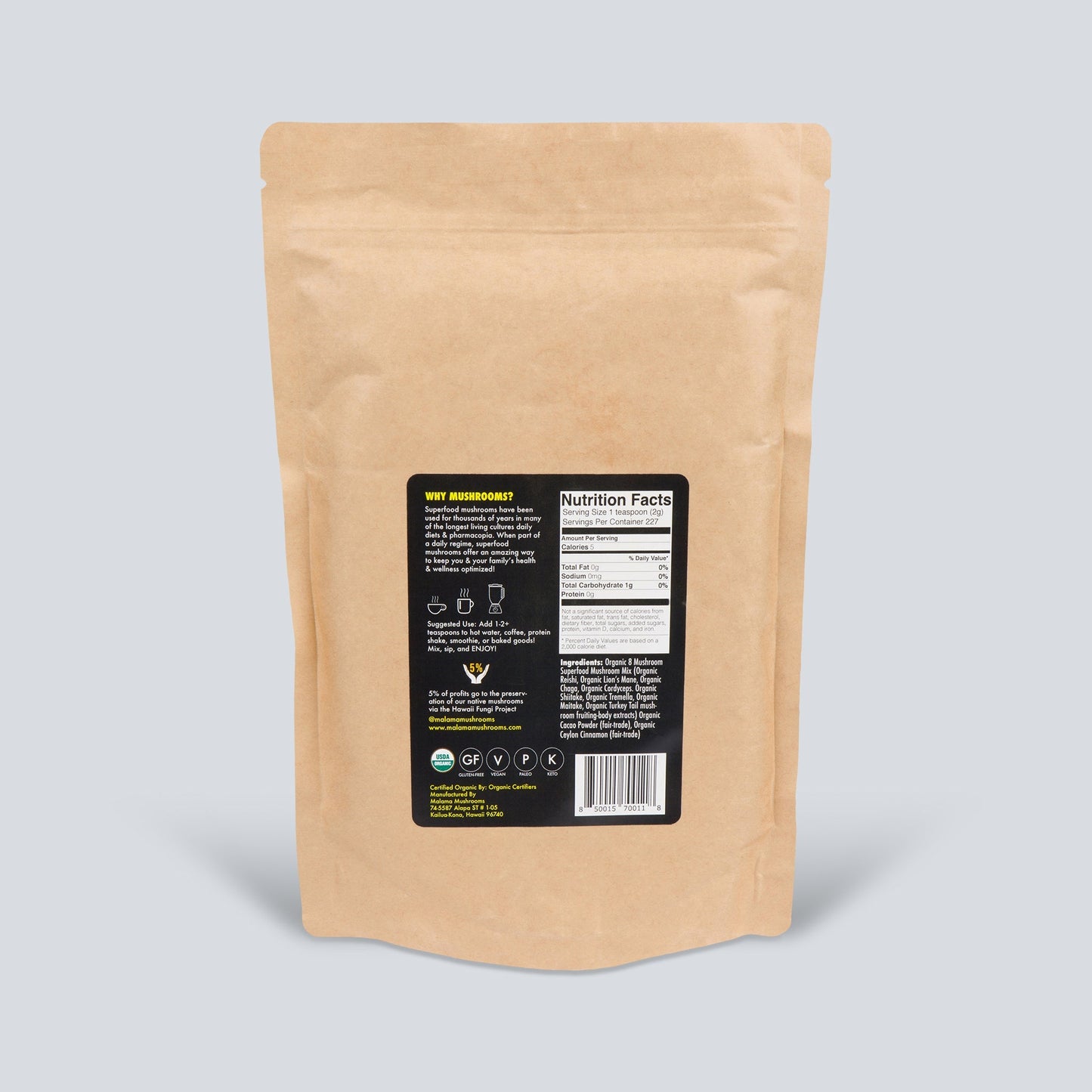 8 Mushroom Cacao Mix by Mālama Mushrooms Hawaii