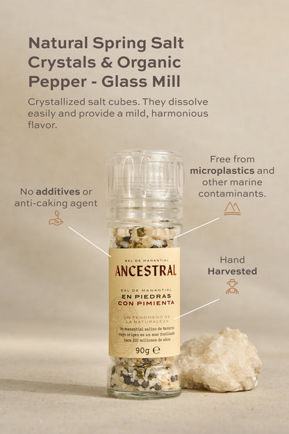 Natural Spring Salt Crystals & Organic Pepper - Glass Mill