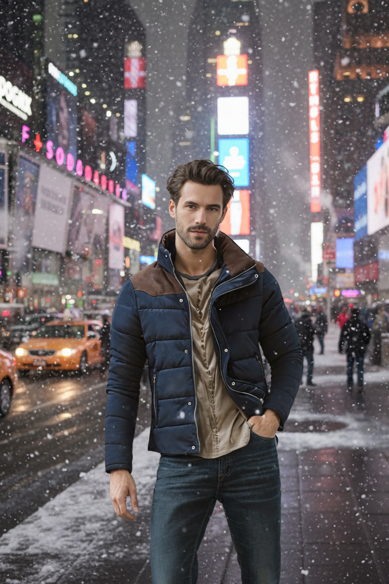 Mens Stand Collar Puffer Jacket in Navy Blue