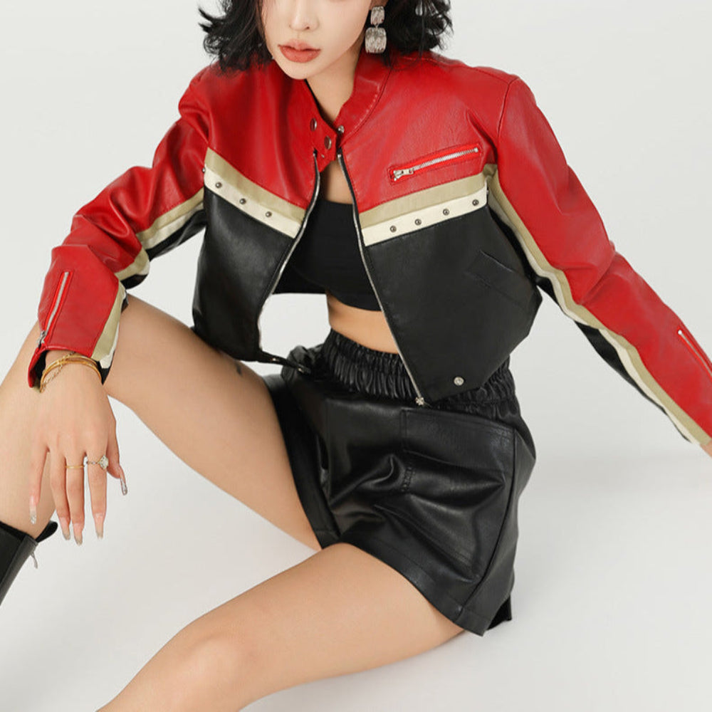 Women Cropped Vegan Leather Biker Jacket