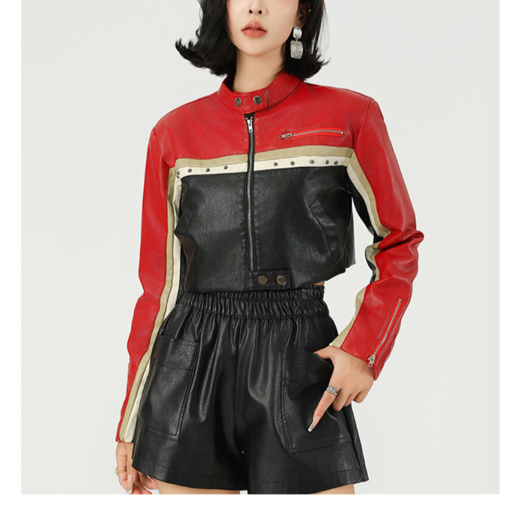 Women Cropped Vegan Leather Biker Jacket