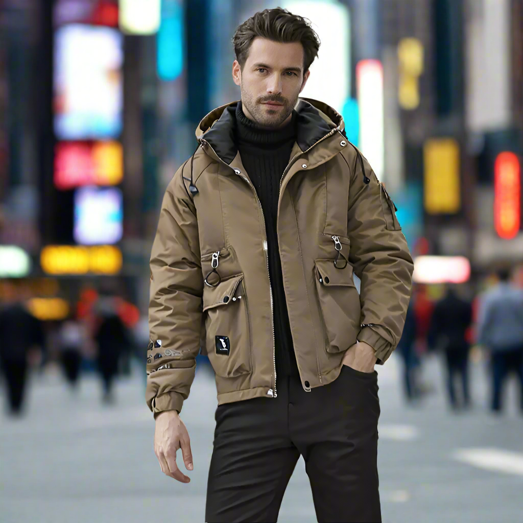 Mens High Collar Zipper Hooded Jacket