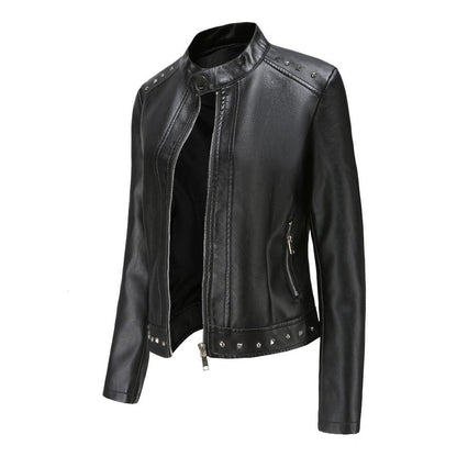 Women's Stand Collar Vegan Leather Jacket With Studs