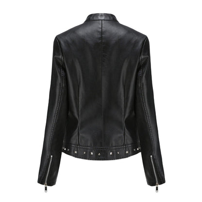 Women's Stand Collar Vegan Leather Jacket With Studs