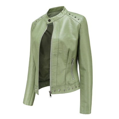 Women's Stand Collar Vegan Leather Jacket With Studs