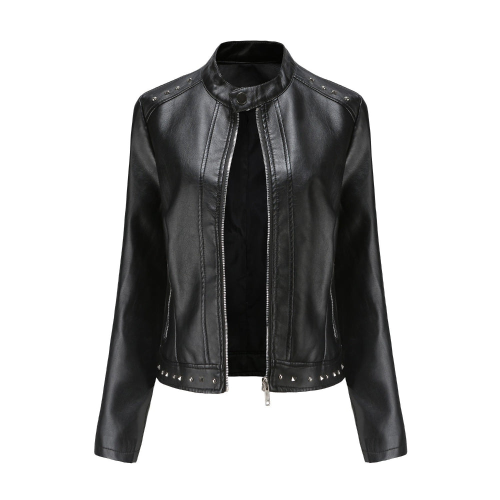 Women's Stand Collar Vegan Leather Jacket With Studs