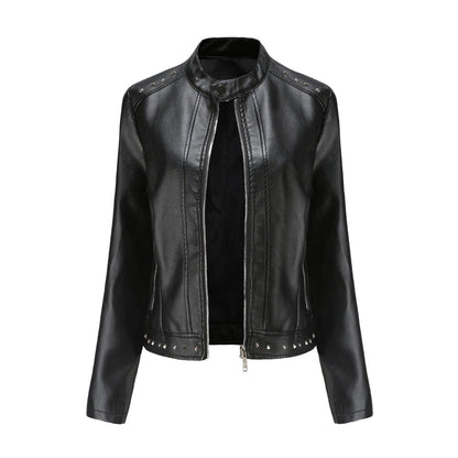 Women's Stand Collar Vegan Leather Jacket With Studs