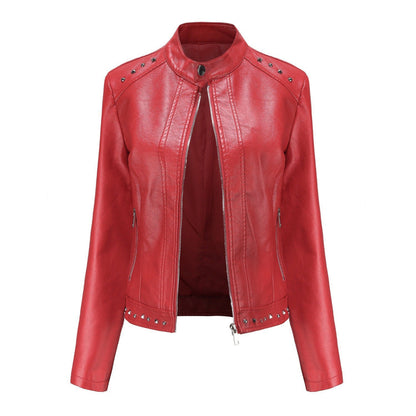 Women's Stand Collar Vegan Leather Jacket With Studs