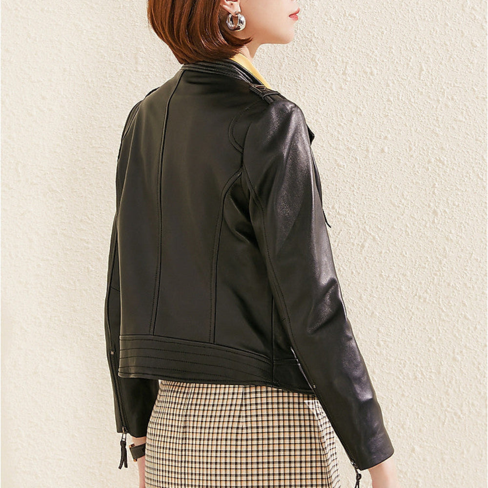 Women's Lapel Collar Vegan Biker Jacket